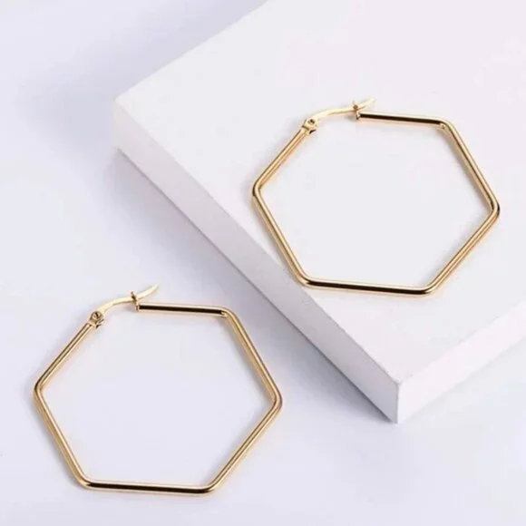 Gold Plated Stainless Steel Geometric Hoop Earrings - Picture 2 of 3